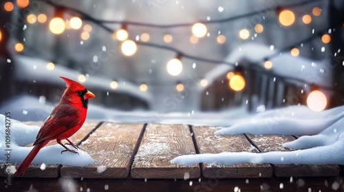 A snowy winter stage background with wooden flooring, adorned with Christmas lights. A realistic red cardinal bird sitting on the edge. photo