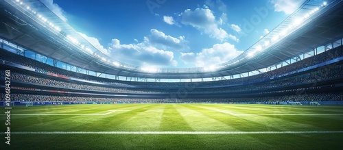A large football stadium with stands full of fans, with grass on the field and bright lights shining down from above. 