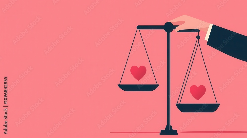 Justice scales with a hand placing a heart, compassion and equality, flat design illustration Justice scales with a hand placing a heart, compassion and equality, flat design illustration