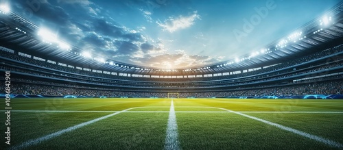 A large football stadium with stands full of fans, with grass on the field and bright lights shining down from above. 