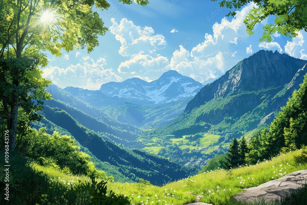 A beautiful mountain landscape with a bright blue sky A beautiful mountain landscape with a bright blue sky