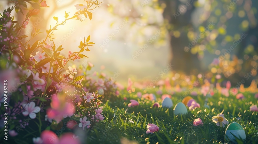Serene Easter Morning Garden with Hidden Pastel Eggs for Tranquil Poster Design Serene Easter Morning Garden with Hidden Pastel Eggs for Tranquil Poster Design