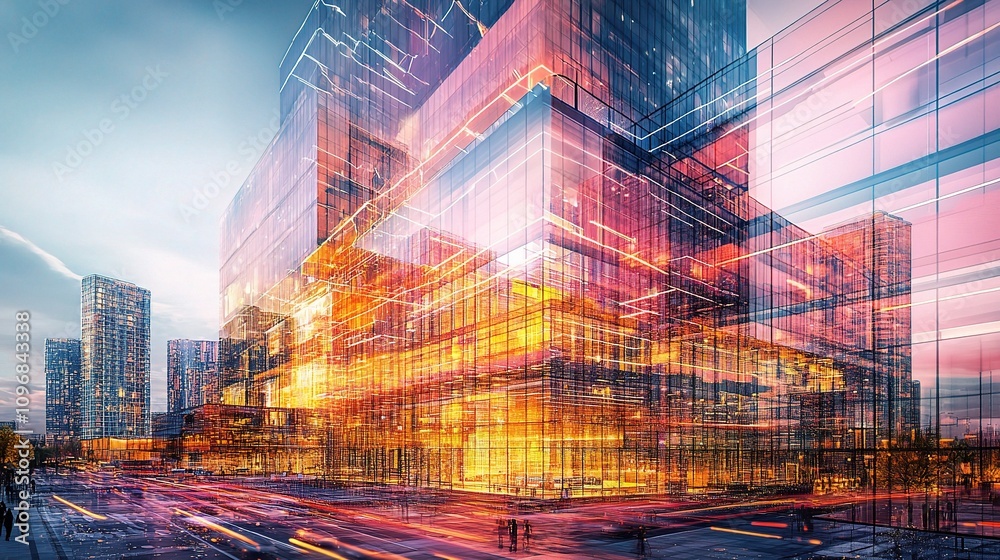 Vibrant Double Exposure of Contemporary Urban Architecture at Sunset