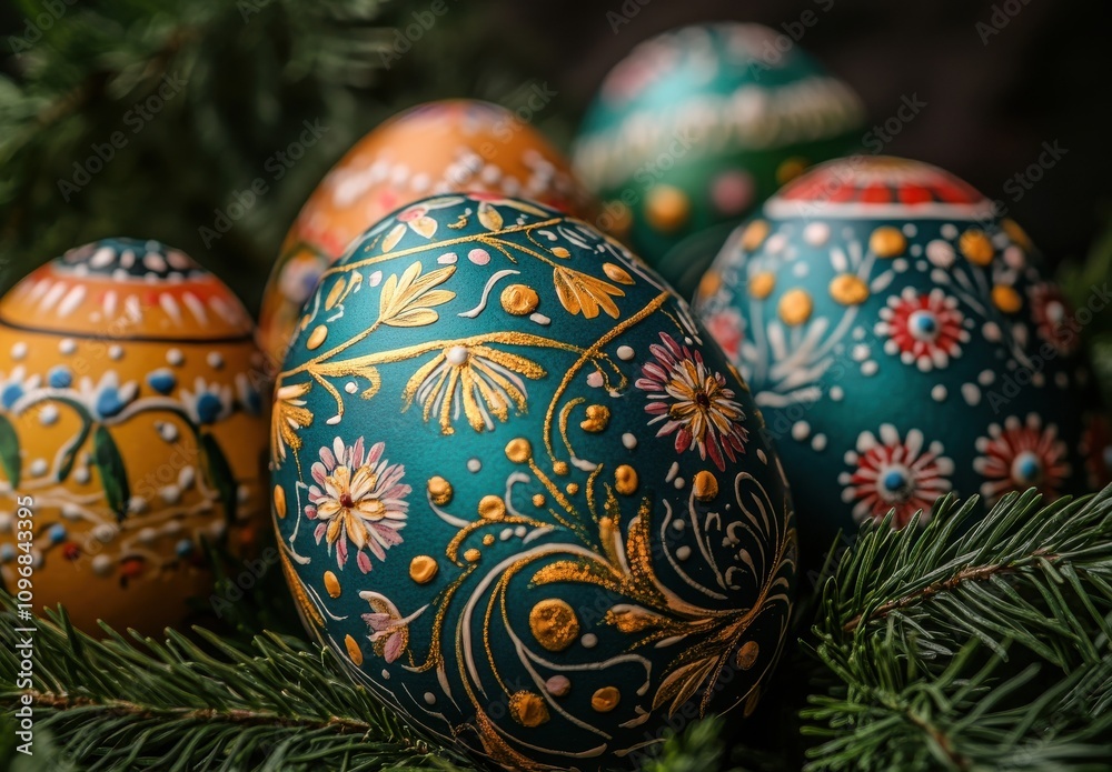 Vibrant Hand-Painted Easter Eggs Decorated with Floral Patterns Nestled Among Fresh Green Pine Needles for Spring Celebrations and Festive Decor