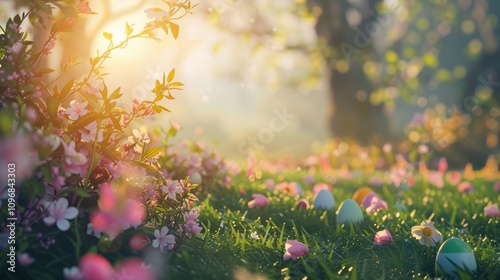 Serene Easter Morning Garden with Hidden Pastel Eggs for Tranquil Poster Design