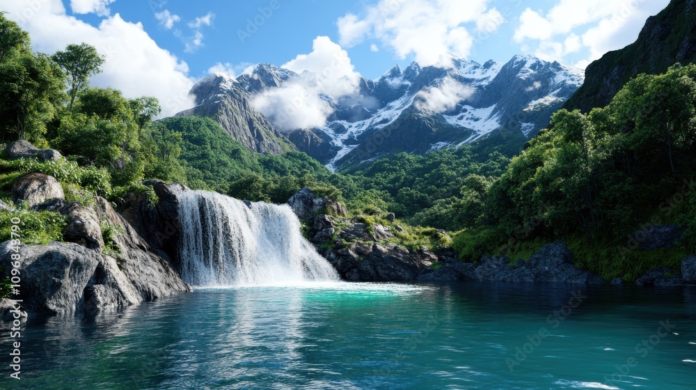 Fototapeta premium A powerful waterfall rushes into a tranquil pool surrounded by lush greenery, set against a backdrop of towering mountains under a clear sky, exuding serenity.