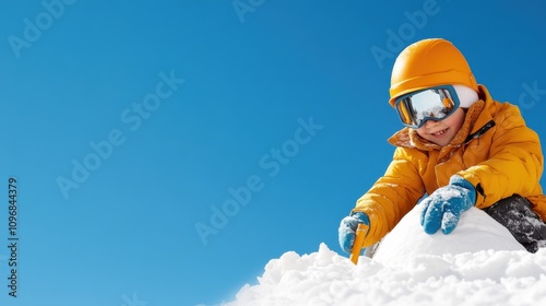 A child with a vivid orange jacket passionately digs into the snow, experiencing the thrill and delight of outdoor winter fun on a brilliantly sunny day. photo