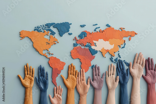 World map with diverse hands, symbolizing global human rights and integration, flat design illustration