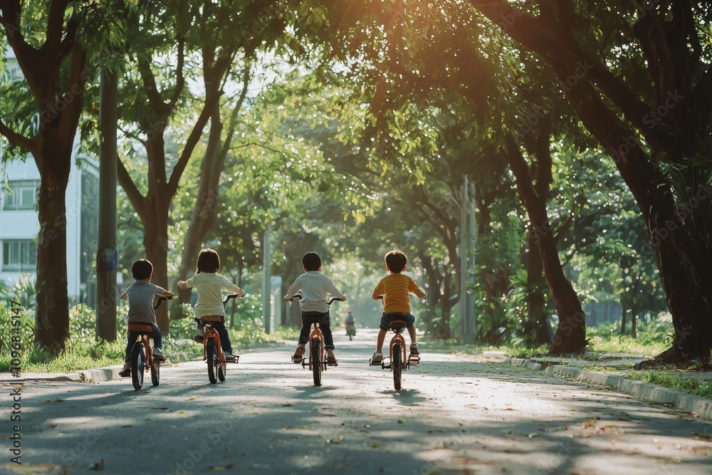 A group of children riding bikes down a street A group of children riding bikes down a street