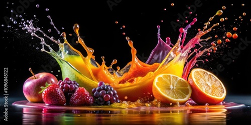 Vibrant Juice Splash Night Photography: Dynamic Colorful Motion Isolated