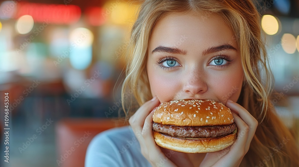 Blond Woman Enjoying a Delicious Burger Blond Woman Enjoying a Delicious Burger