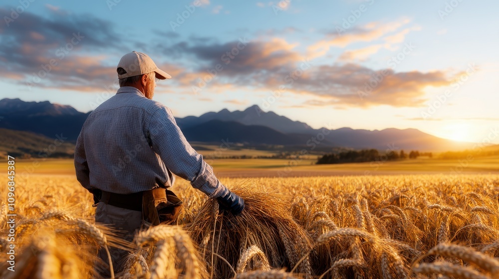 A farmer in a cap admires a bountiful wheat field, with majestic mountains under a golden sky at dusk, evoking prosperity, peace, and fulfillment in nature. A farmer in a cap admires a bountiful wheat field, with majestic mountains under a golden sky at dusk, evoking prosperity, peace, and fulfillment in nature.