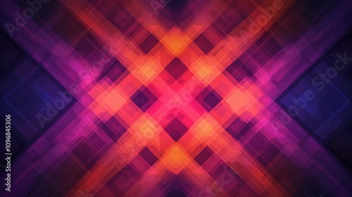 A vibrant abstract design featuring intersecting lines and gradients of purple, pink, and orange, creating a dynamic visual effect.