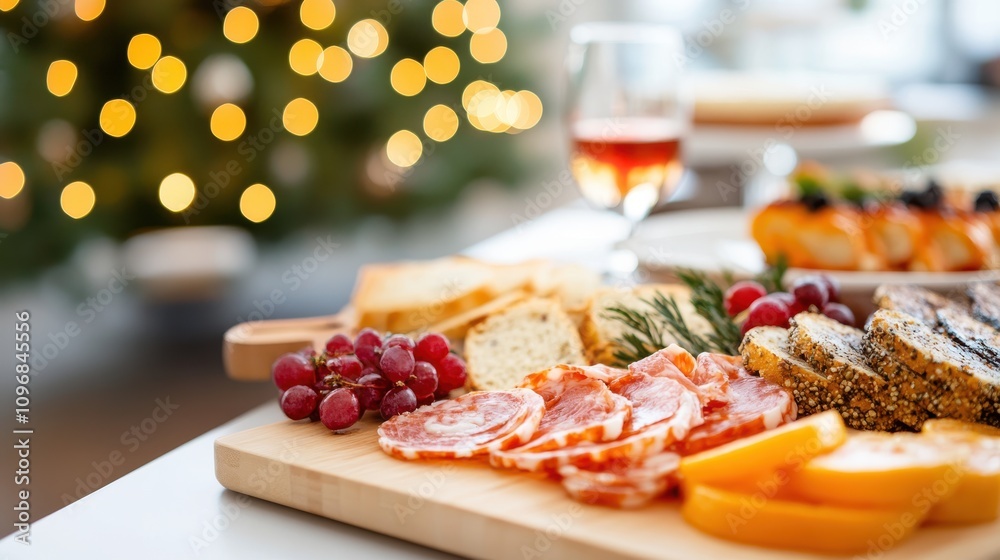 A rustic charcuterie board featuring an array of meats, cheeses, and fruits, set against a glowing festive backdrop, perfect for holiday entertaining and delight.