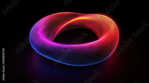A vibrant, glowing 3D torus shape with a mesh structure, illuminated in red and blue hues against a dark background.
