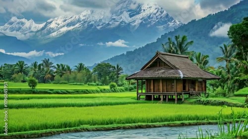 natural view, a resting hut, which stands in the middle of a wide expanse of rice fields