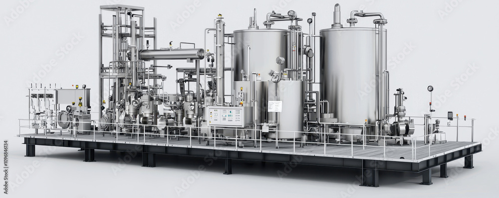 Fototapeta premium High tech fuel processing unit with clean machinery and advanced design. This industrial equipment showcases modern engineering and efficiency in fuel processing