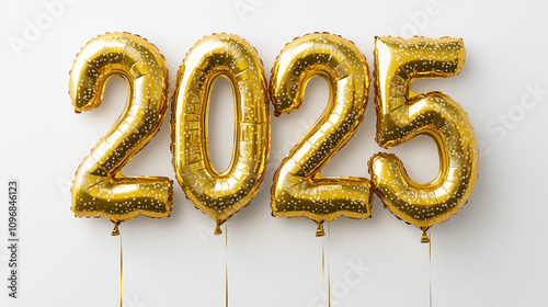 Golden foil balloons shaped as 2025 with glitter details on a white background, perfect for festive New Year celebrations and elegant holiday decor. photo