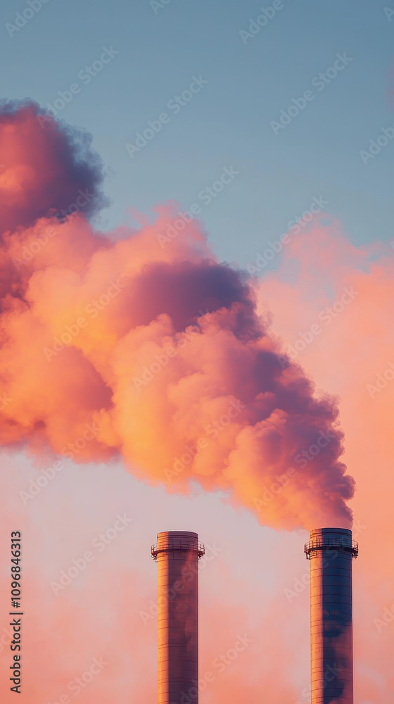 Industrial smokestacks releasing steam into sky during sunset, creating dramatic and colorful atmosphere. scene captures essence of fuel processing and energy production Industrial smokestacks releasing steam into sky during sunset, creating dramatic and colorful atmosphere. scene captures essence of fuel processing and energy production