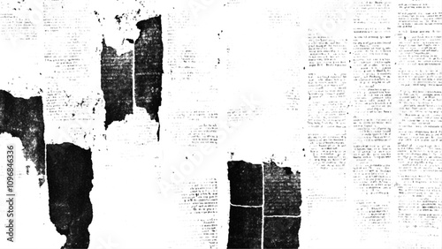Vector white and black newspaper paper grunge vintage old aged texture. Vintage grunge newspaper collage background. Newspaper with old grunge vintage unreadable paper texture background.	

