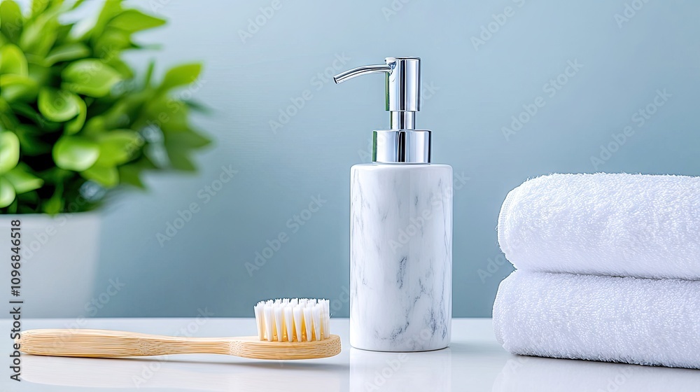 Elegant marble soap dispenser and accessories beautifully arranged on a pristine bathroom counter Elegant marble soap dispenser and accessories beautifully arranged on a pristine bathroom counter