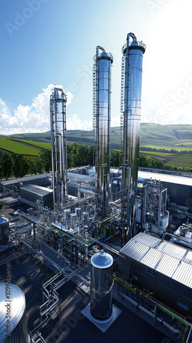 Eco friendly biofuel processing facility with tall storage tanks and pipelines. modern industrial landscape showcases sustainable energy production amidst green hills