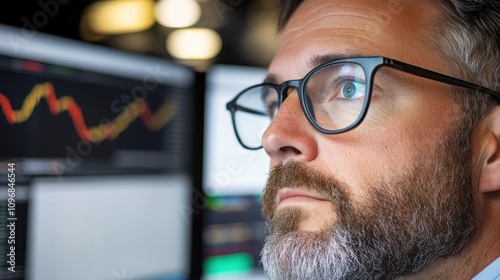 At a trading desk, a man wearing glasses closely examines fluctuating graphs on numerous screens, identifying market patterns and assessing financial strategies.