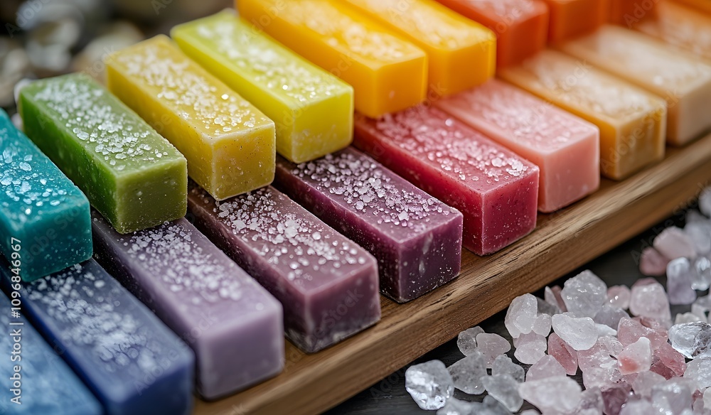 A close-up of colorful soap bars with sea salt on top, arranged in rows and colors from light to dark, displayed on an elegant wooden board, A close-up of colorful soap bars with sea salt on top, arranged in rows and colors from light to dark, displayed on an elegant wooden board,