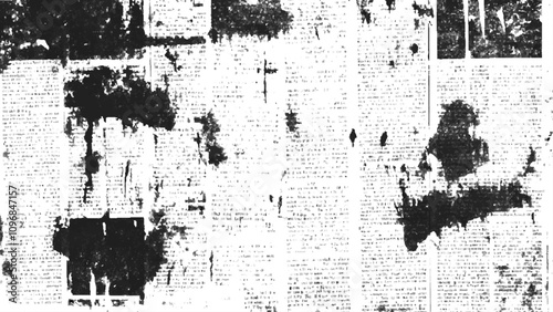 Vector white and black newspaper paper grunge vintage old aged texture. Vintage grunge newspaper collage background. Newspaper with old grunge vintage unreadable paper texture background.	
