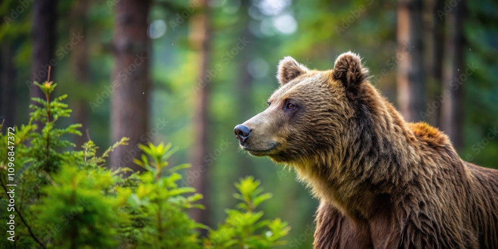 Fototapeta premium A Majestic Brown Bear Stands Tall in a Lush Forest, Its Eyes Gazing Into the Distance