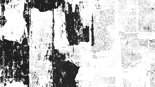 Vector white and black newspaper paper grunge vintage old aged texture. Vintage grunge newspaper collage background. Newspaper with old grunge vintage unreadable paper texture background.	
