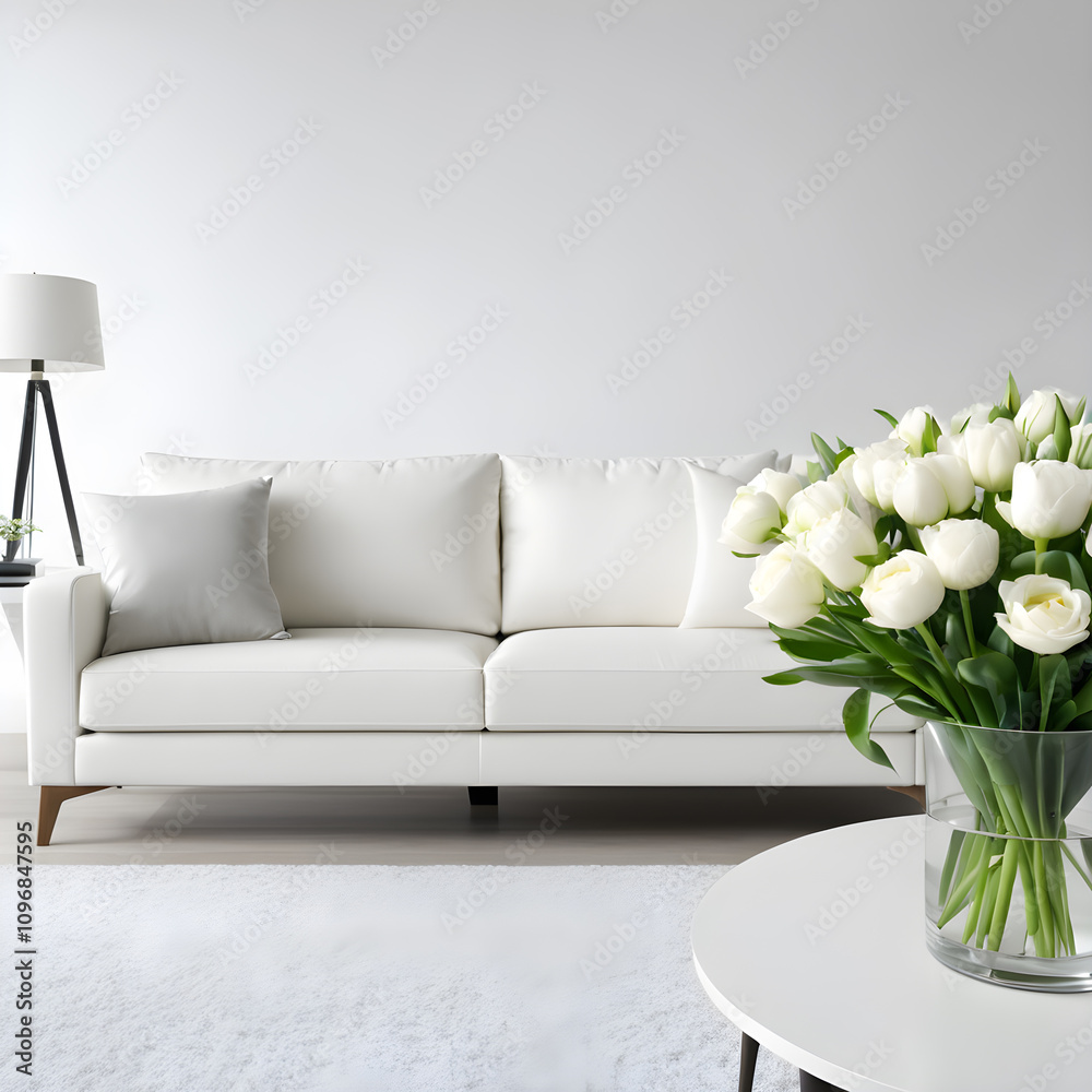 Modern living room with white sofa and bouquet of white tulips Modern living room with white sofa and bouquet of white tulips
