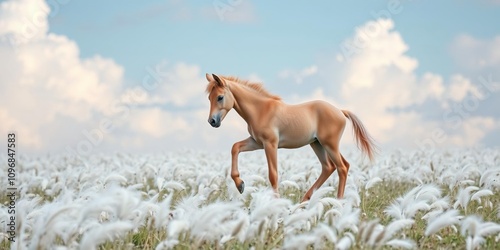 A gentle pink foal horse plays in a field of soft white feathers floating gently around its legs on the clouds, nature's wonder, whimsical fields