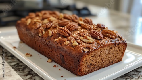 Delicious homemade banana bread loaf topped with pecans and walnuts on white plate