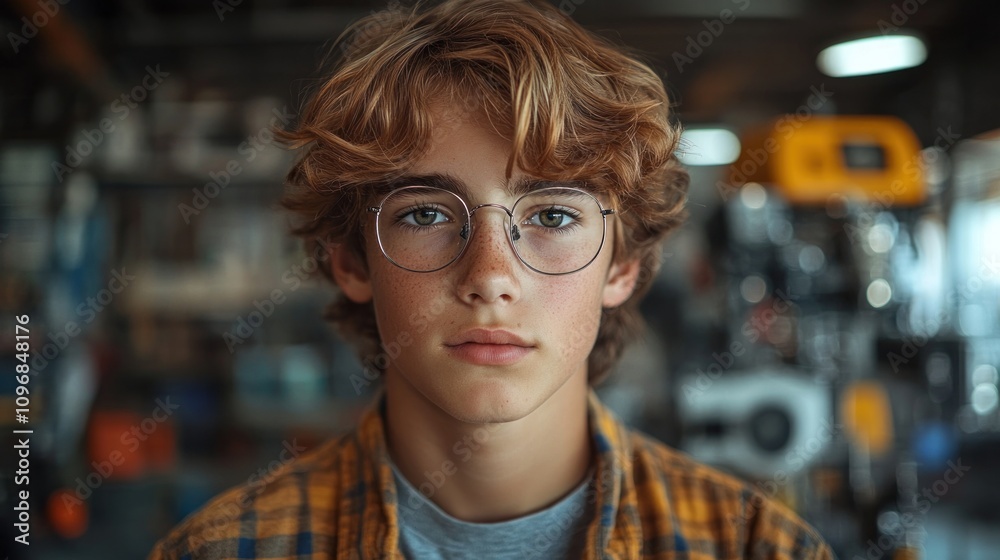 Portrait of a Teenage Boy with Glasses in a Workshop Portrait of a Teenage Boy with Glasses in a Workshop
