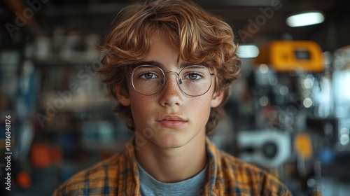 Portrait of a Teenage Boy with Glasses in a Workshop