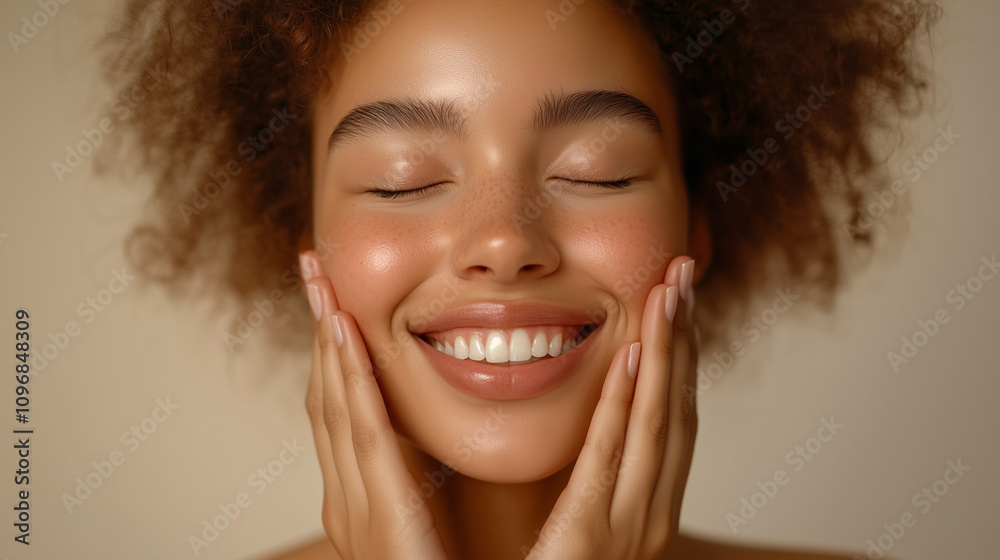 A close-up photo of a smiling woman with closed eyes, touching her cheeks with her hands, studio photoshoot, smooth detailed skin texture. The image is against a solid off-white background A close-up photo of a smiling woman with closed eyes, touching her cheeks with her hands, studio photoshoot, smooth detailed skin texture. The image is against a solid off-white background