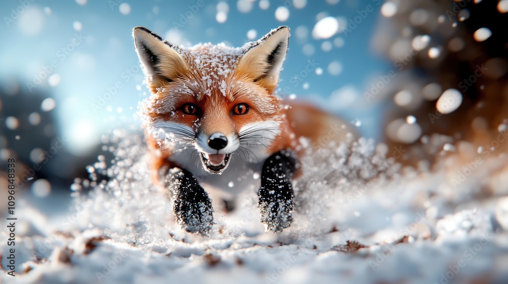 Obraz premium A vivid image showing a fox joyfully frolicking through freshly fallen snow, embodying a playful spirit amidst nature's winter beauty.