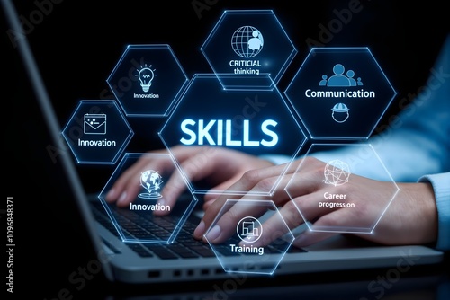 Skills Development and Learning Concept. Professional working on a laptop with digital icons representing skills, education, personal development, learning, and soft skills for career and business gro
