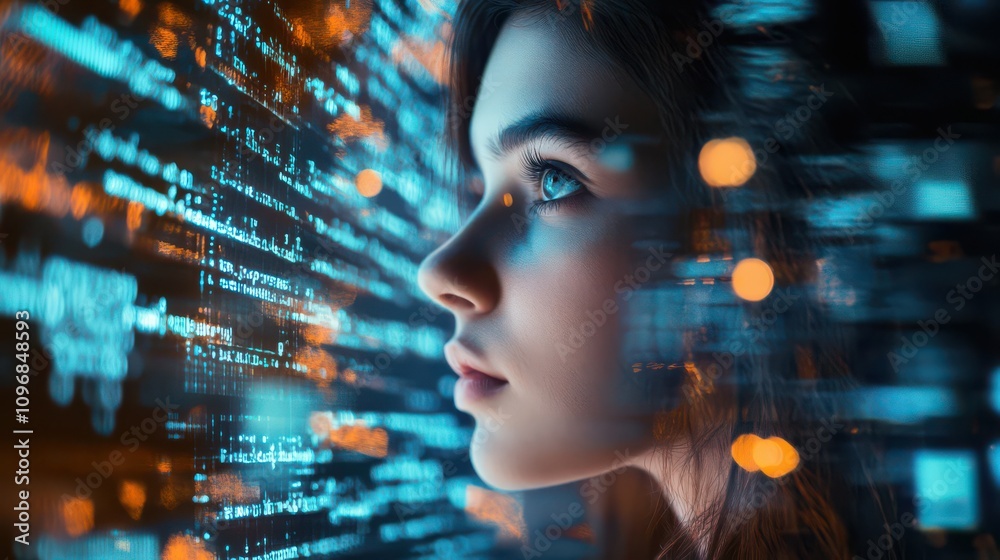 Young Girl Analyzing Data with Focused Expression Young Girl Analyzing Data with Focused Expression