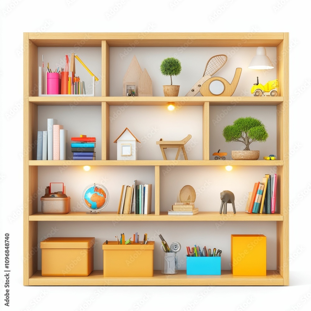 Wooden shelf filled with colorful children's toys and books. Wooden shelf filled with colorful children's toys and books.