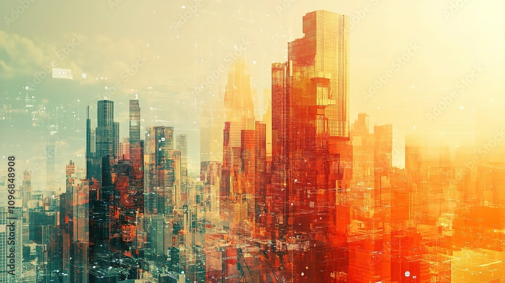 Vibrant Double Exposure of Modern Metropolis at Golden Hour Vibrant Double Exposure of Modern Metropolis at Golden Hour