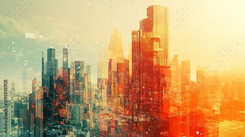 Vibrant Double Exposure of Modern Metropolis at Golden Hour