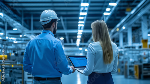 Male and Female Engineers Standing with Their Back to Camera, Using Laptop Computer and Talking in a Factory Facility