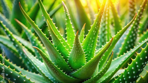 Close-up of a vibrant green aloe vera plant with a soft focus background, highlighting its spiky leaves and delicate texture.