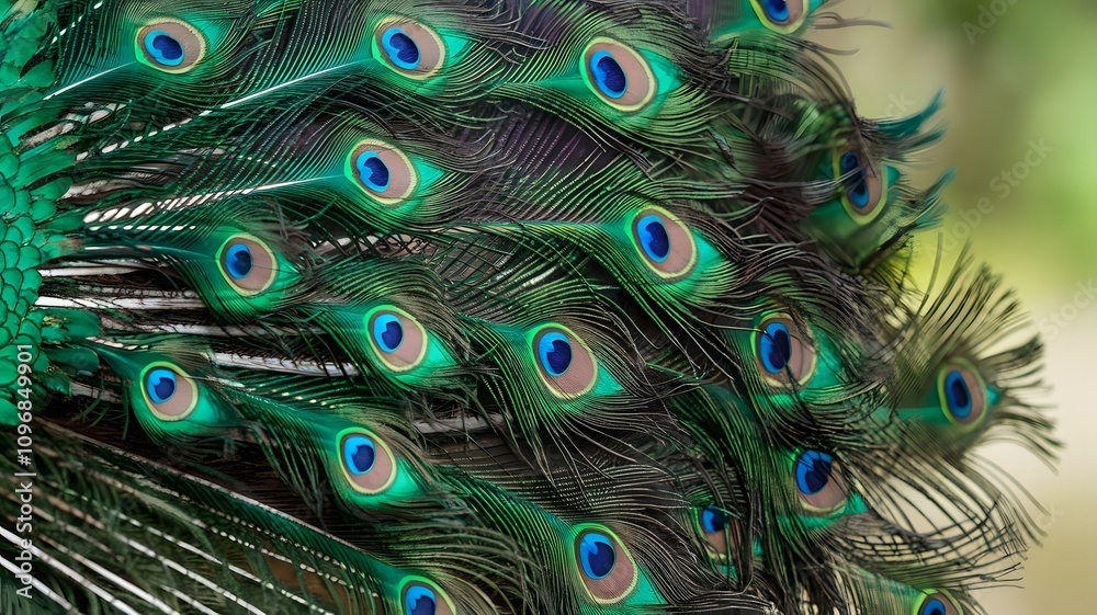 Fototapeta premium Close up of a peacocks gorgeous feathers with striking blue eyes