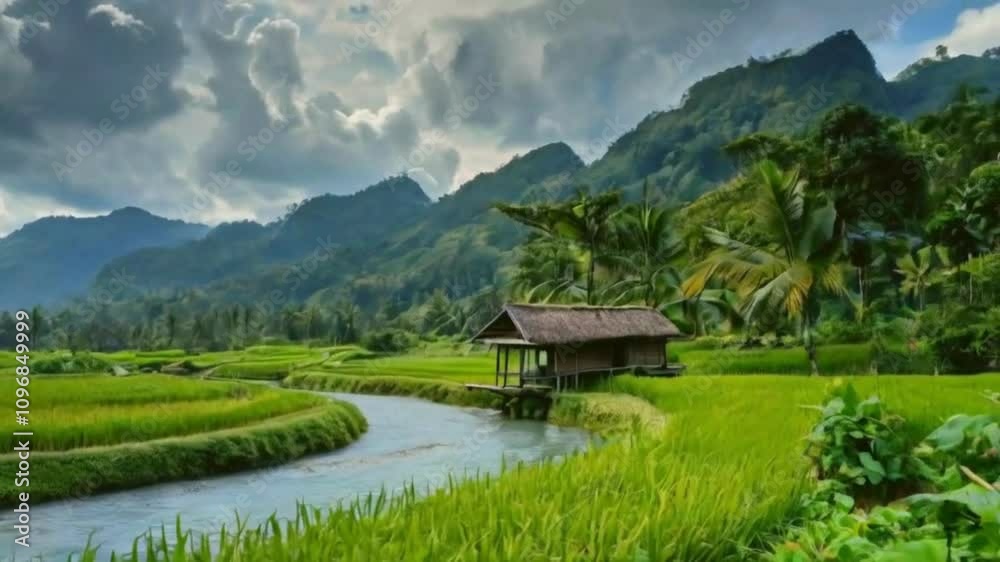 natural view, a resting hut, which stands in the middle of a wide expanse of rice fields natural view, a resting hut, which stands in the middle of a wide expanse of rice fields