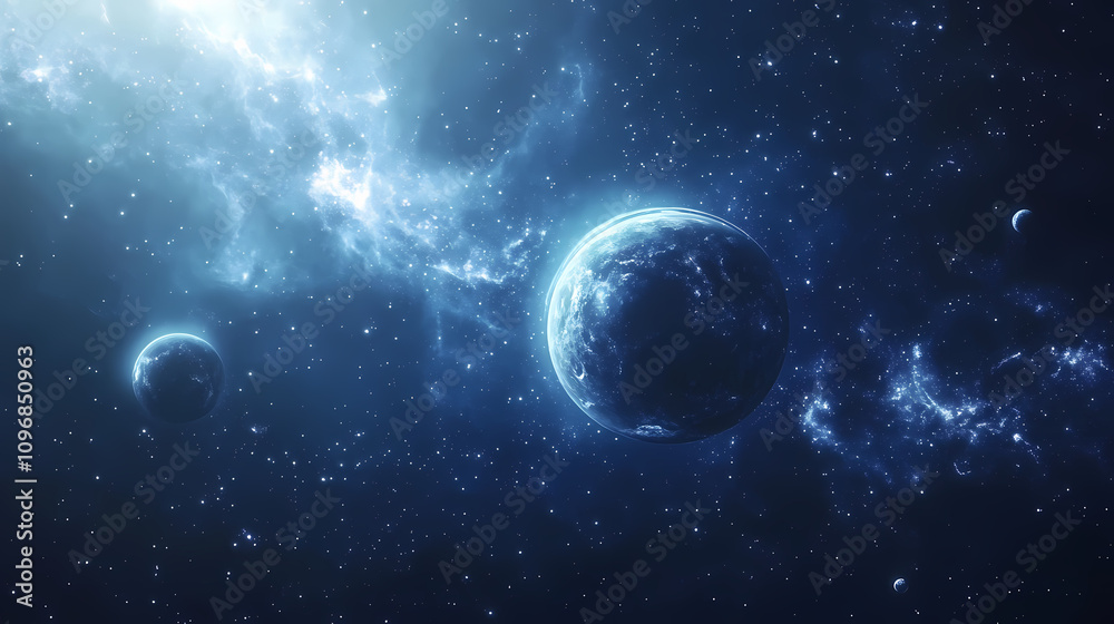 Obraz premium Minimalistic cosmic scene with planets in a starry galaxy for futuristic design. Infinite Starry Patterns. Illustration