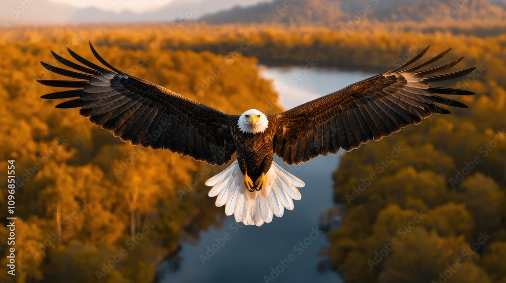 Obraz premium Majestic Bald Eagle Gliding Over Serene River Valley During Golden Hour with Mountainous Background and Lush Greenery Enhancing the Scenic Beauty of Nature