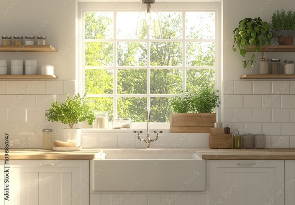 Bright and Airy Modern Kitchen with White Cabinets, Open Shelves, Fresh Herbs, and Natural Light Streaming Through Large Window Bright and Airy Modern Kitchen with White Cabinets, Open Shelves, Fresh Herbs, and Natural Light Streaming Through Large Window